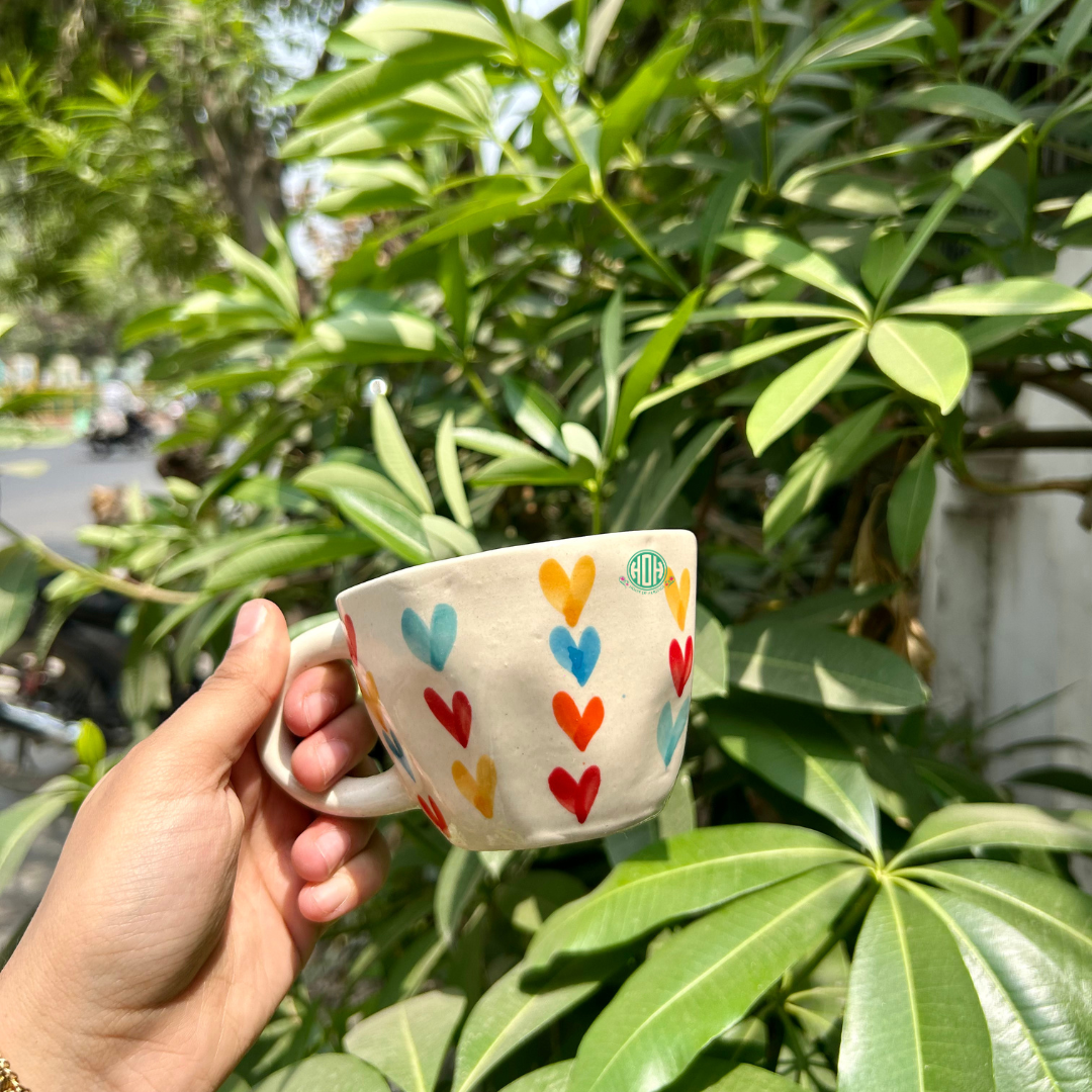 Multicolour Heart Ceramic Mugs | Vibrant Handcrafted Coffee & Tea Mugs- Set of 2