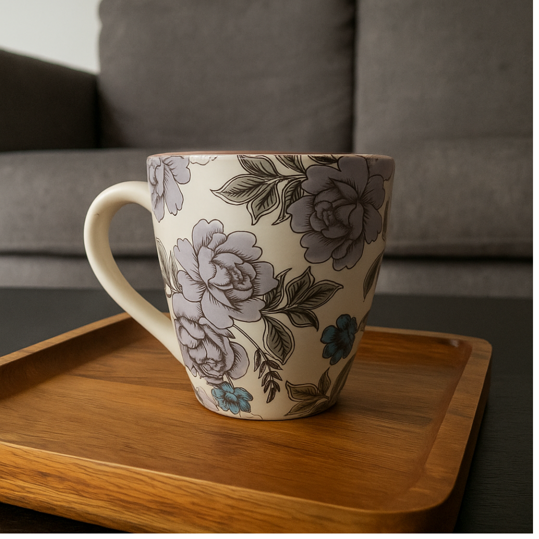 Vintage Floral Ceramic Mug – Elegant Grey and Blue Flower Tea Cup| Set of 2