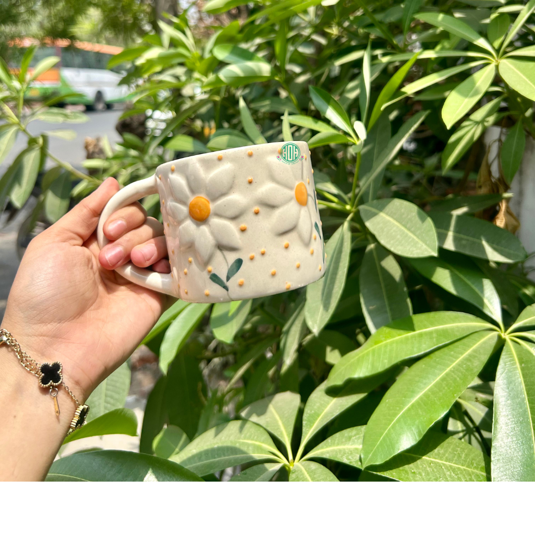 Handcrafted Beige Ceramic Mug with Embossed Daisy – Cozy Bedside Tea Mug- Set of 2