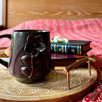 Midnight Bloom Ceramic Mug – Handmade Brown Floral Coffee Cup