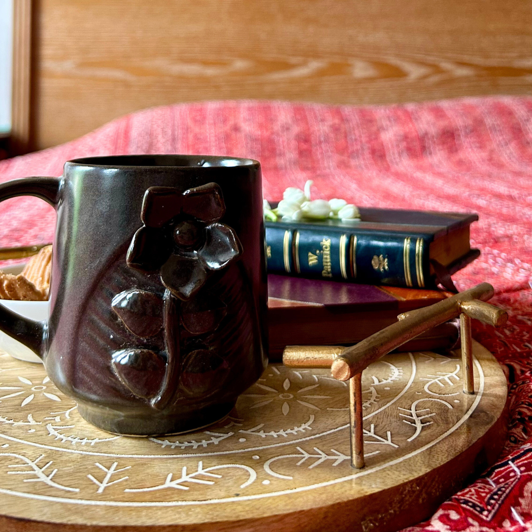 Midnight Bloom Ceramic Mug – Handmade Brown Floral Coffee Cup