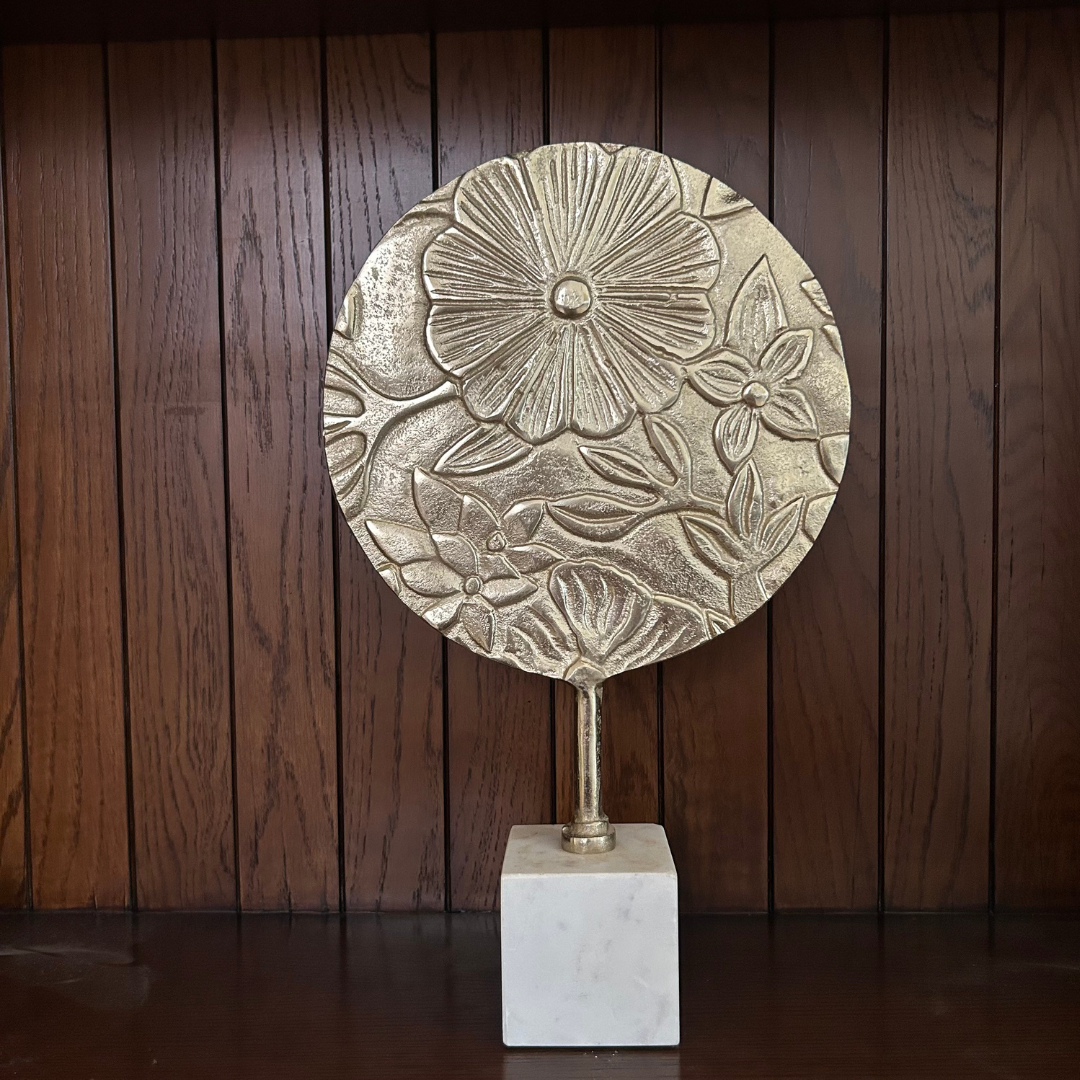 Golden Floral Embossed Disc Table Accent with Marble Base