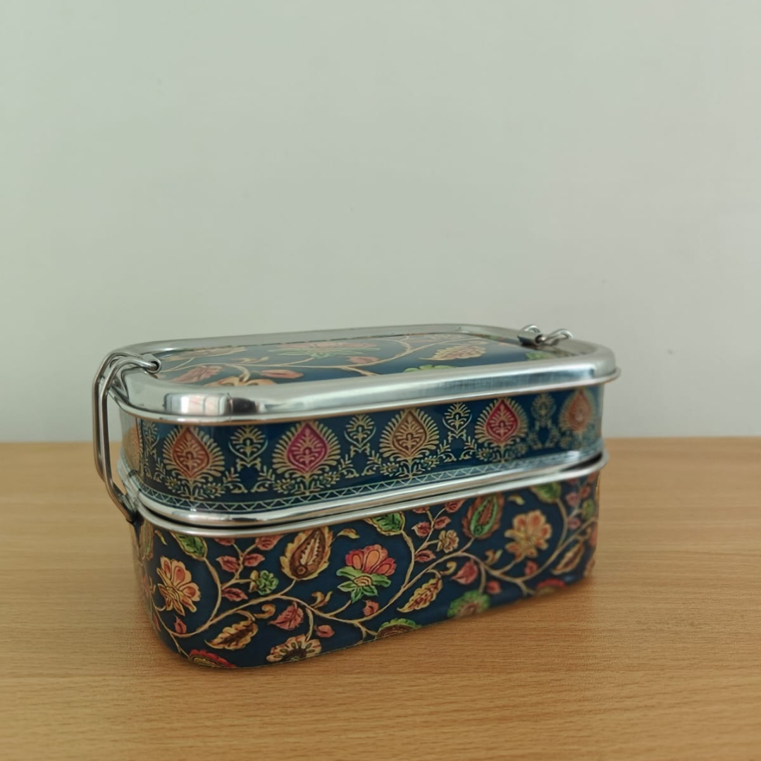 Eco-Friendly Ethnic Meenakari 2-Tier Steel Tiffin-Multicolour Floral