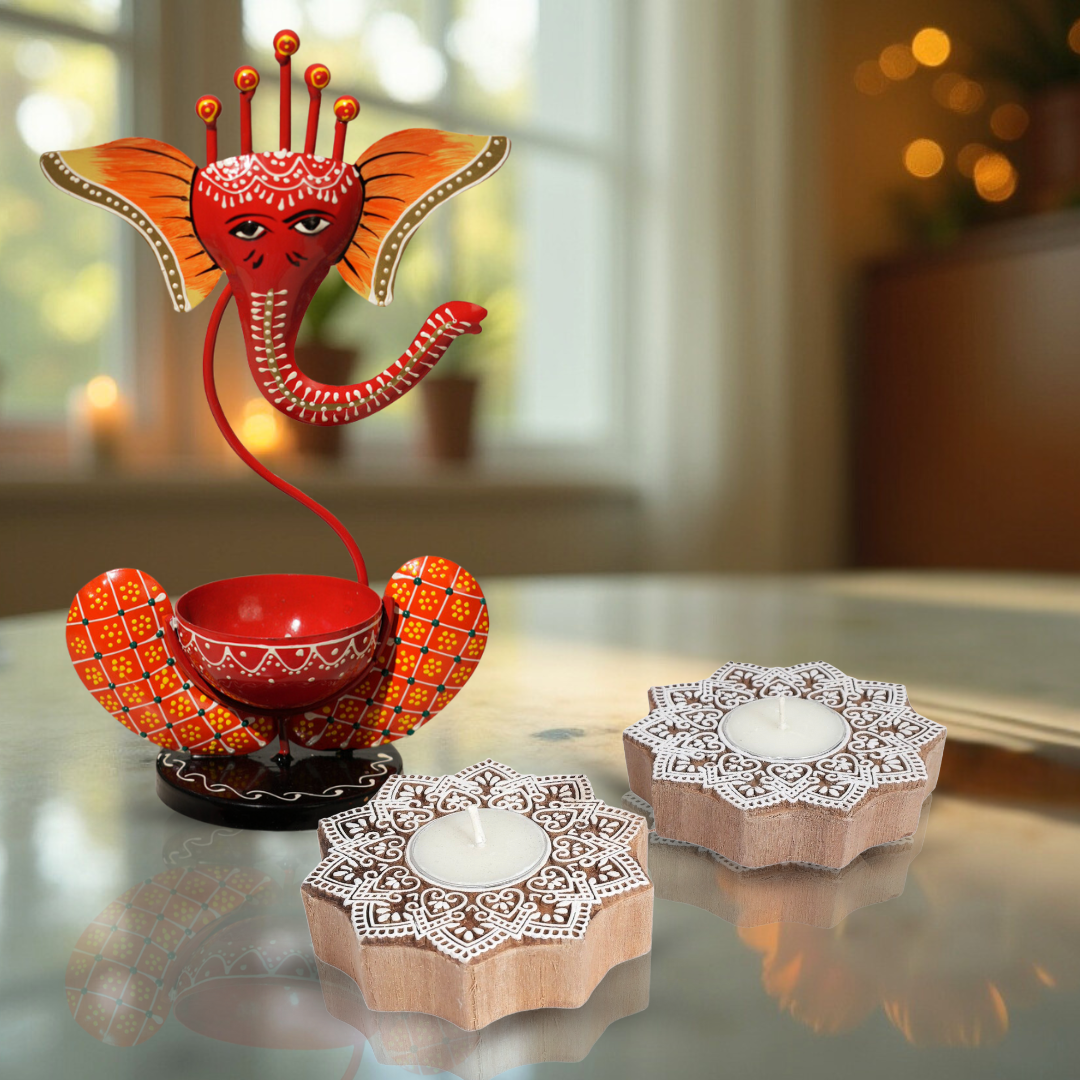 Orange Ganesh T-Lite & Diya Combo