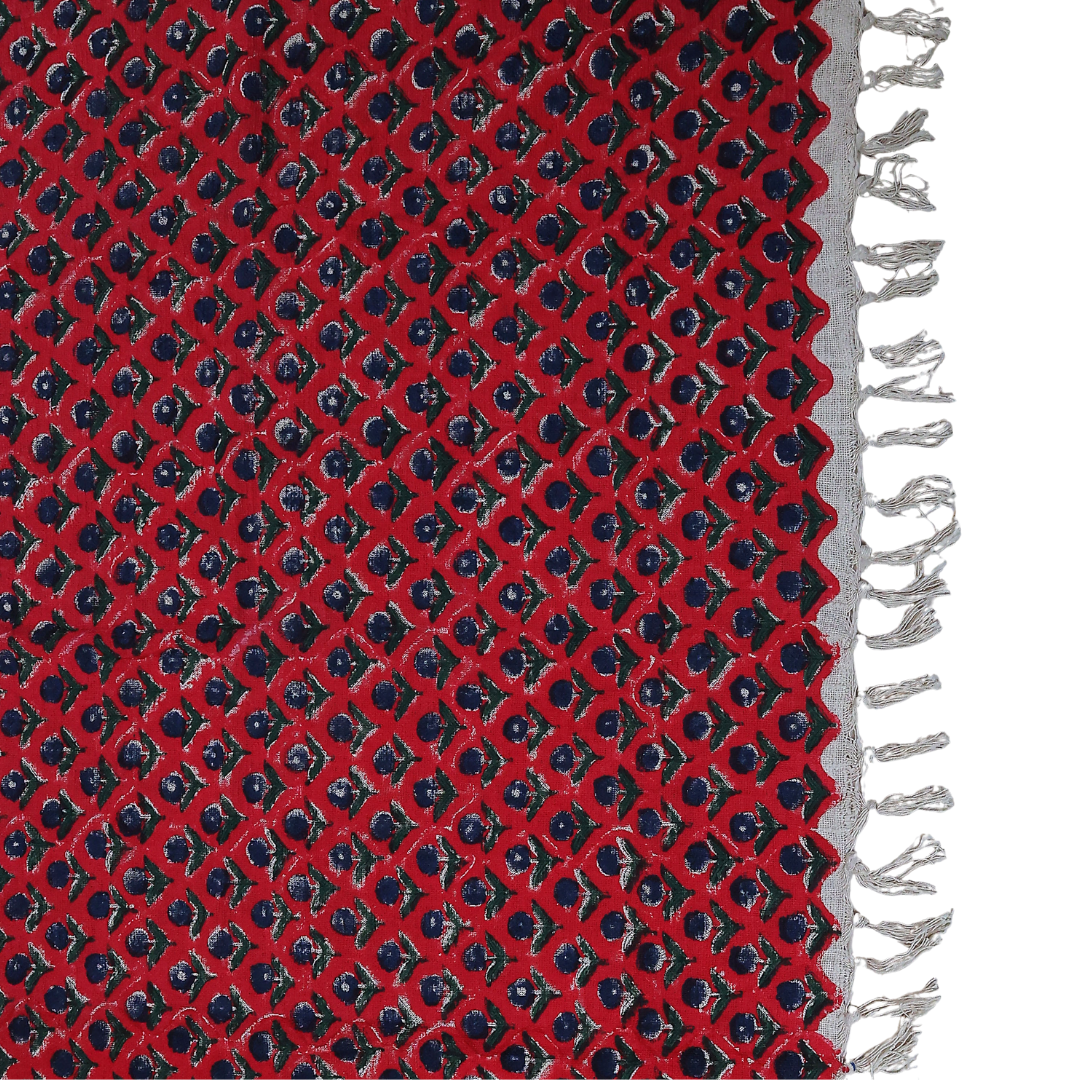 Ethnic Red & Blue Block Printed Cotton Throw | Perfect for Living Room and Bedroom Decor
