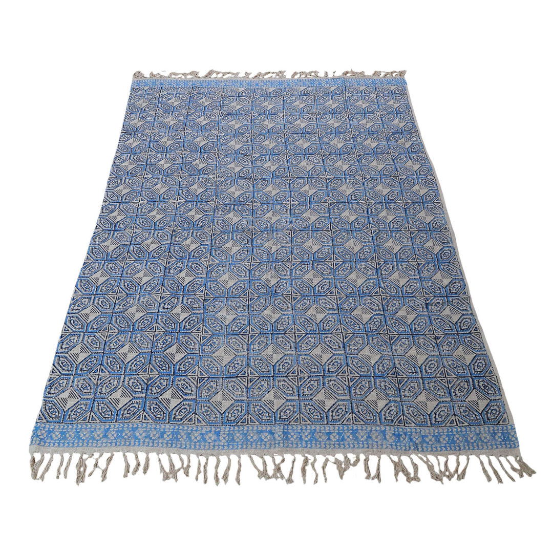 Handcrafted Cotton Throw with Blue & White Geometric Block Print | Perfect for Living Room and Bedroom Decor