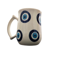 Handcrafted Evil Eye Ceramic Mug – Blue & White Boho Cup