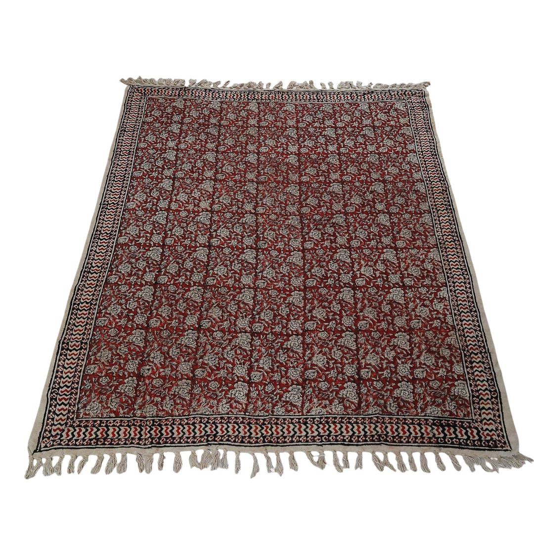 Handblock Floral Cotton Throw with Tassels – Vintage Red Sofa Throw | Perfect for Living Room and Bedroom Decor