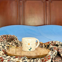 Handcrafted Beige Ceramic Mug with Embossed Daisy – Cozy Bedside Tea Mug- Set of 2