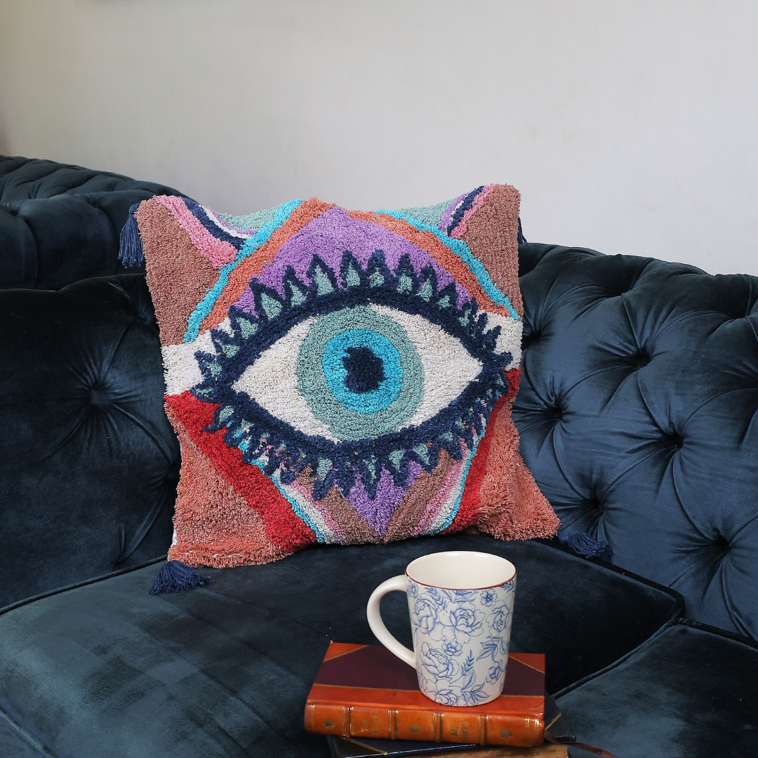 Evil Eye Handcrafted Tufted Cushion Cover – Decorative & Textured Pillow Cover for Sofa & Bed