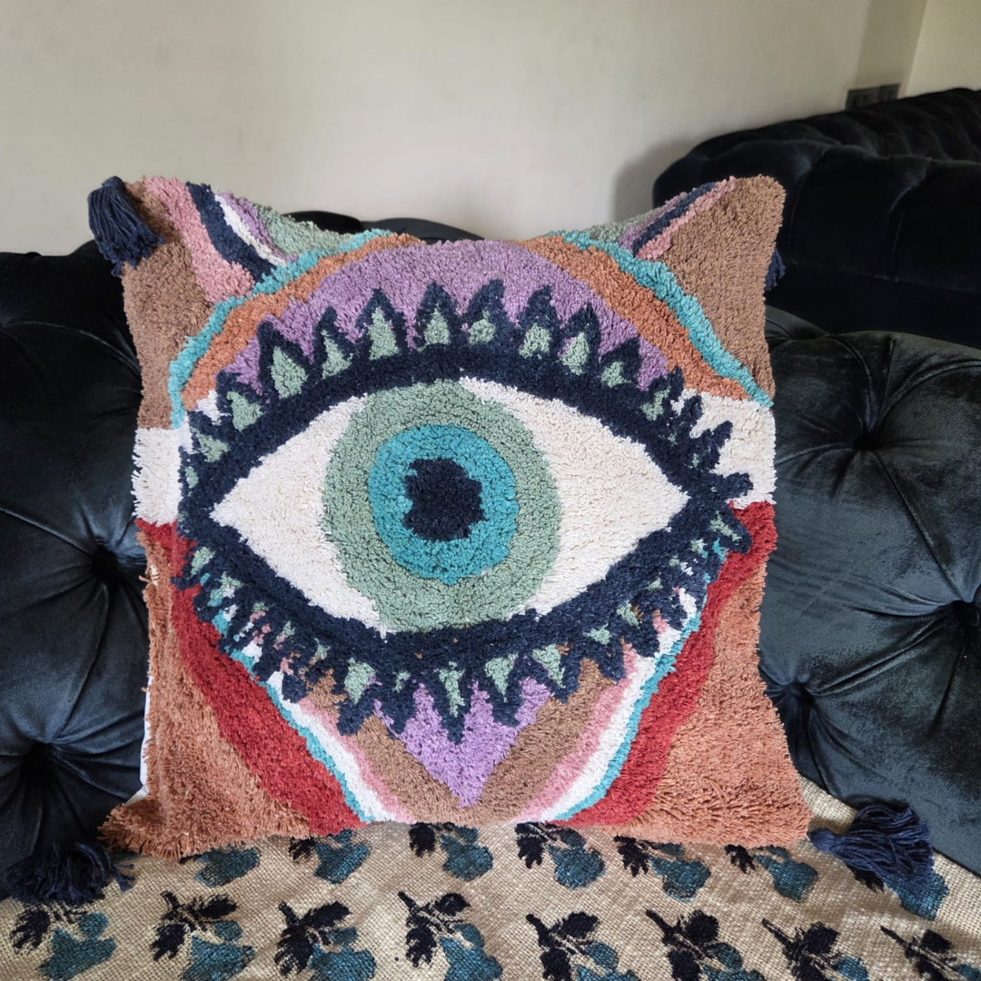 Evil Eye Handcrafted Tufted Cushion Cover – Decorative & Textured Pillow Cover for Sofa & Bed