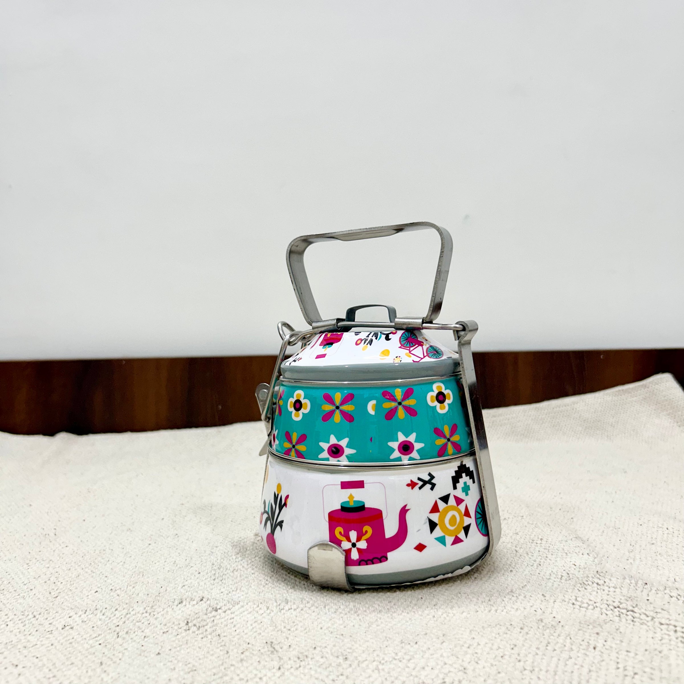 Ethnic Enamelware Steel Lunch Box – 2 Tier, Sustainable & Reusable
