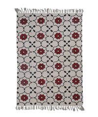 Handwoven Beige Cotton Rug with Bold Red Floral Motif and Black Accents – Boho Style Floor Decor