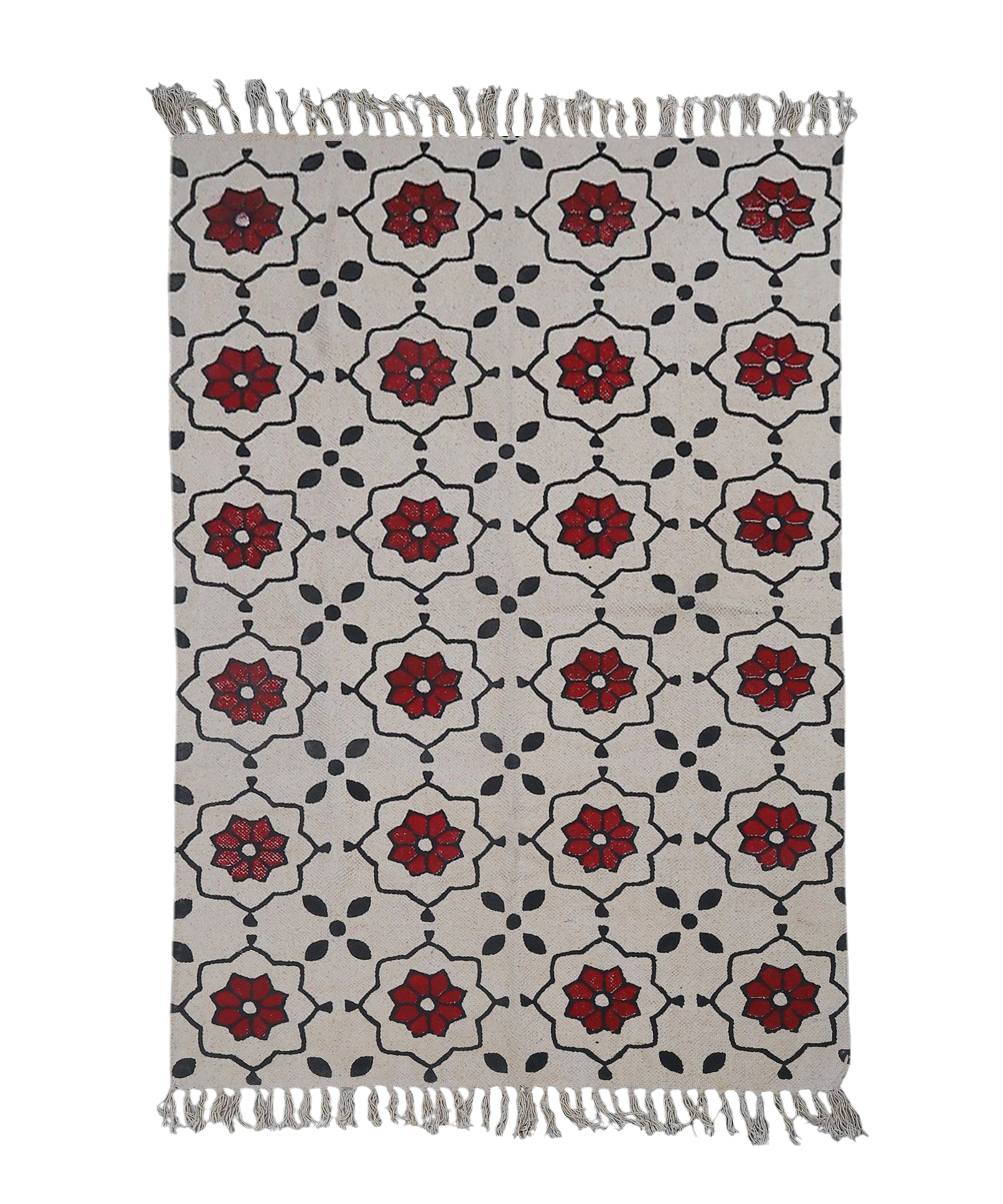 Handwoven Beige Cotton Rug with Bold Red Floral Motif and Black Accents – Boho Style Floor Decor