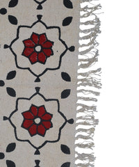 Handwoven Beige Cotton Rug with Bold Red Floral Motif and Black Accents – Boho Style Floor Decor
