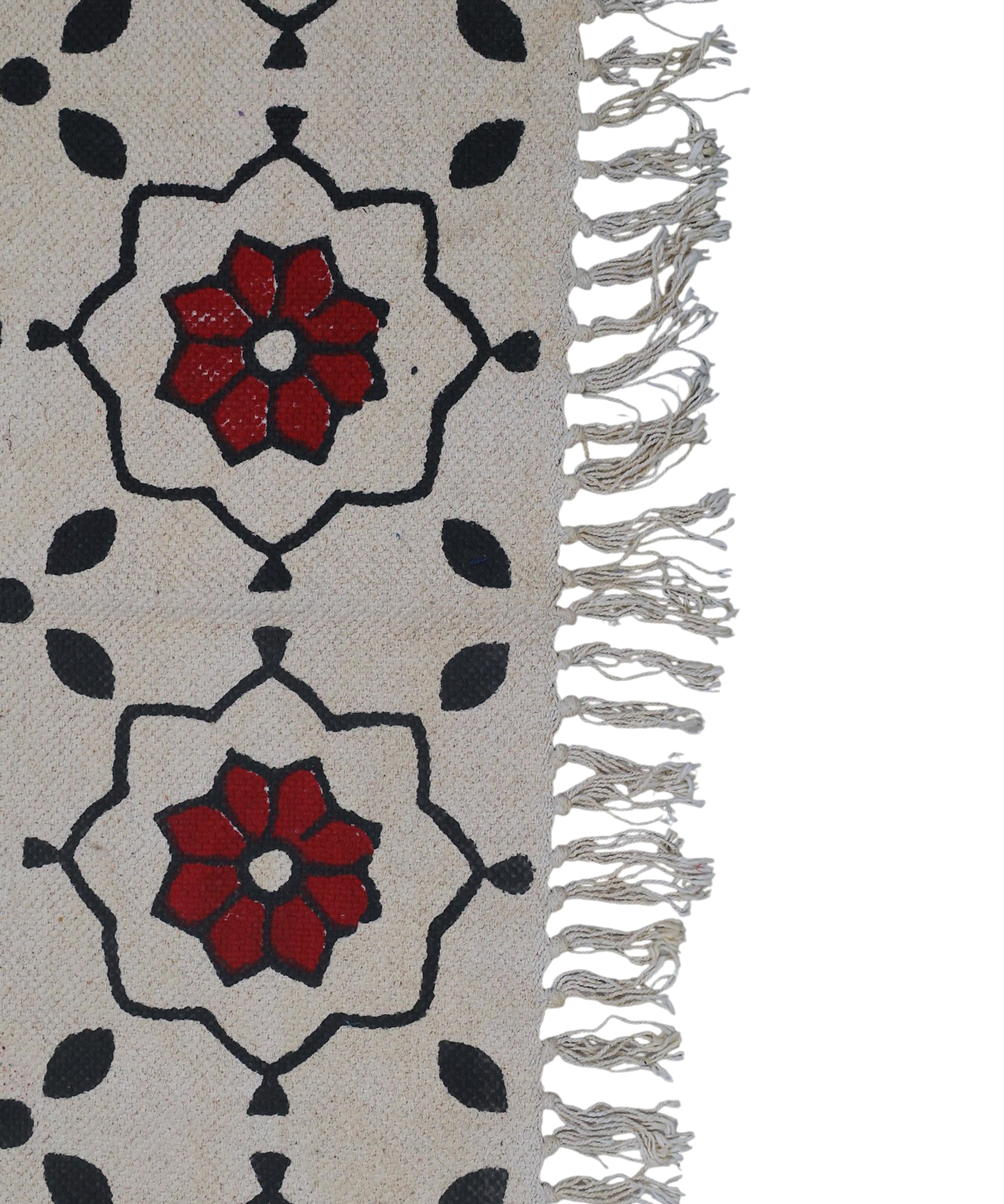 Handwoven Beige Cotton Rug with Bold Red Floral Motif and Black Accents – Boho Style Floor Decor
