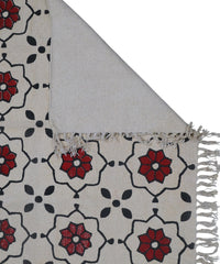 Handwoven Beige Cotton Rug with Bold Red Floral Motif and Black Accents – Boho Style Floor Decor