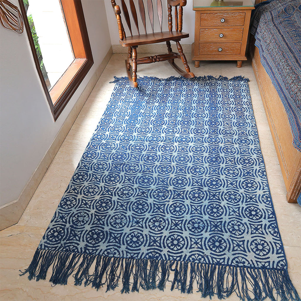 Indigo Bliss Hand Block Printed Cotton Rug with Tassel Edges
