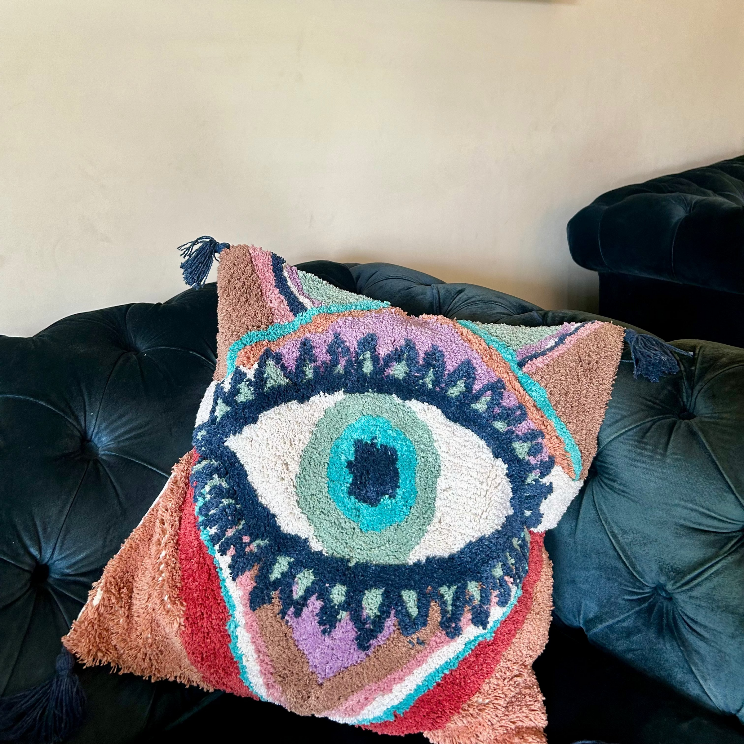 Evil Eye Handcrafted Tufted Cushion Cover – Decorative & Textured Pillow Cover for Sofa & Bed