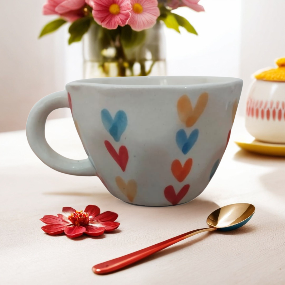 Multicolour Heart Ceramic Mugs | Vibrant Handcrafted Coffee & Tea Mugs- Set of 2