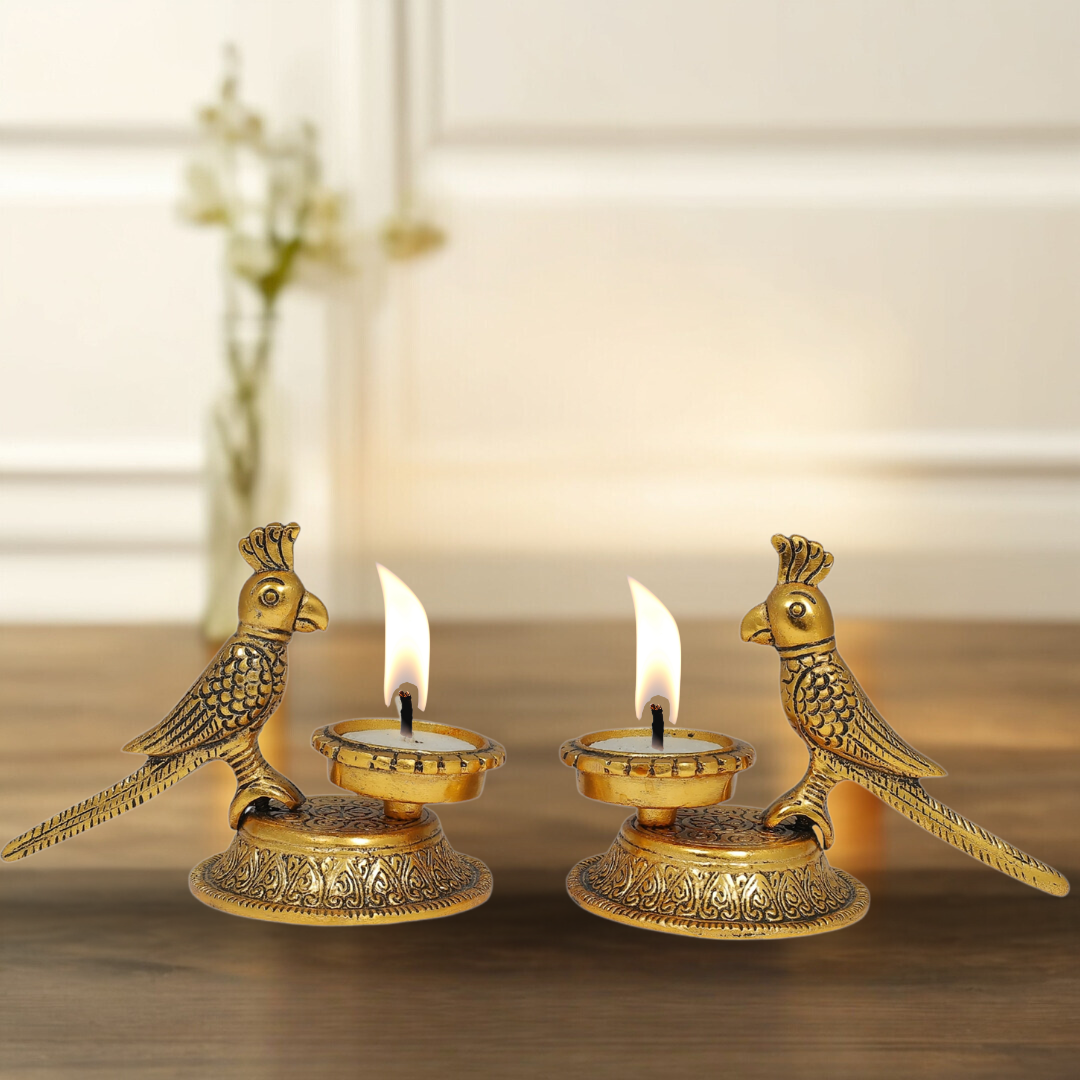 Golden Parrot Tealight Holders | Handcrafted Decorative Candle Holders for Home & Festive Decor | Set of 2