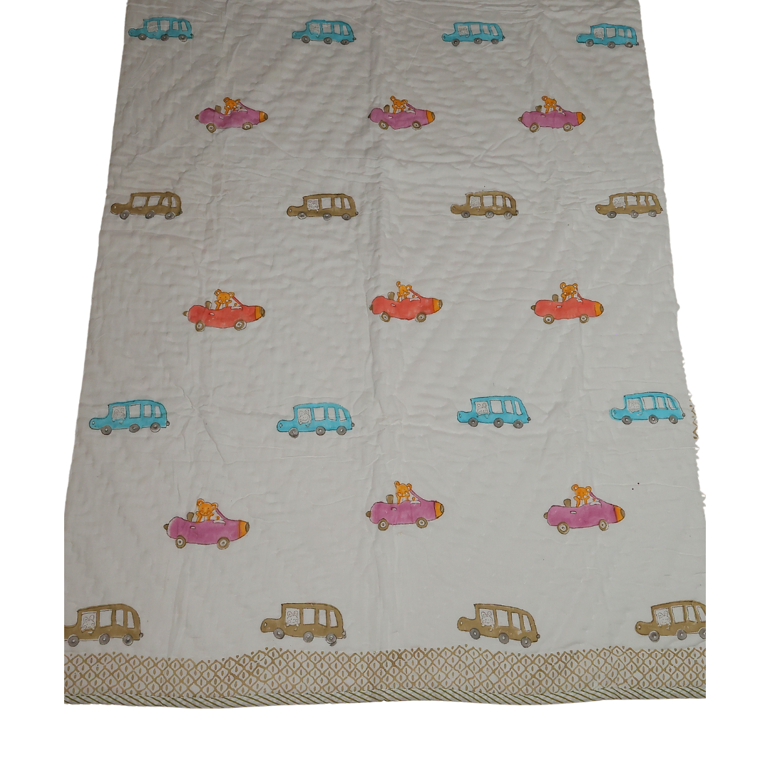 Car Design Handcrafted Block Printed Kids Quilt | Soft & Cozy Cotton Quilt for Babies & Toddlers