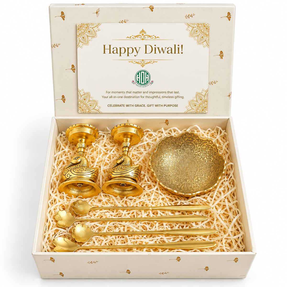 Diwali Gift Set – Golden Swan Candle Holders & Ornate Brass Bowl with Floral Spoons