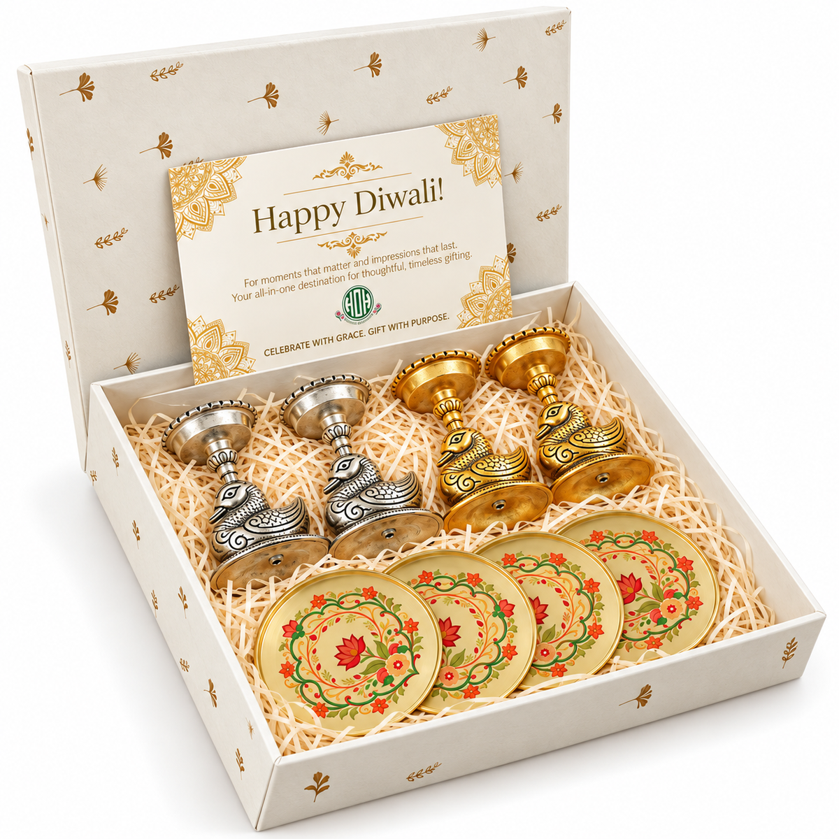 Diwali Gift Set – Swan Tealight Holders & Floral Coasters