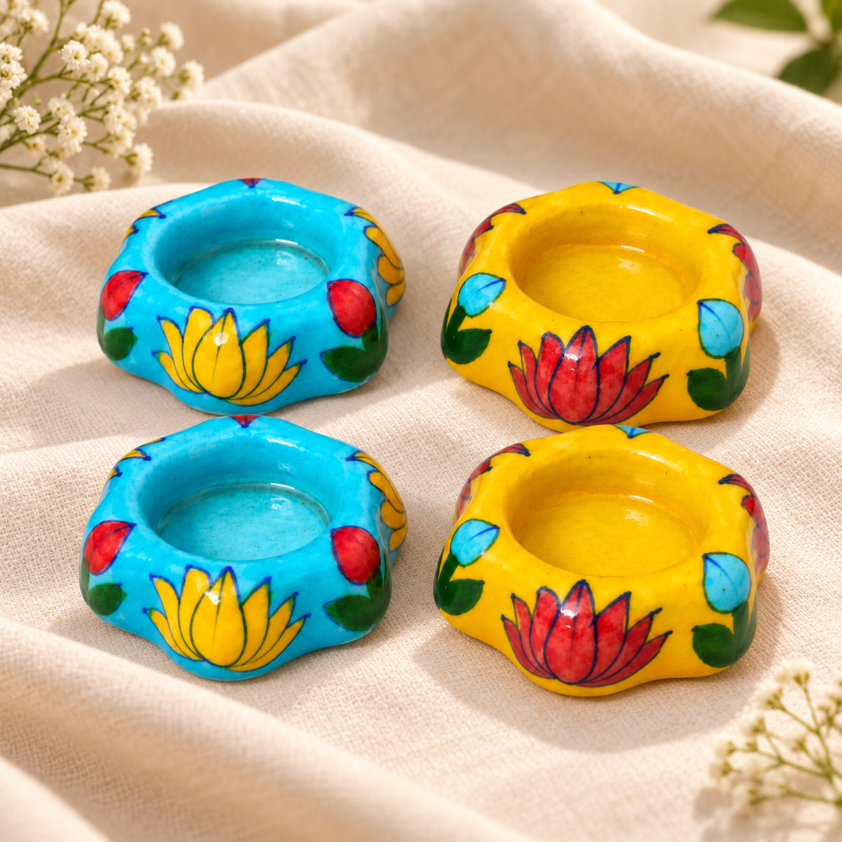 Ceramic Lotus Diya Candle Holder Set of 4