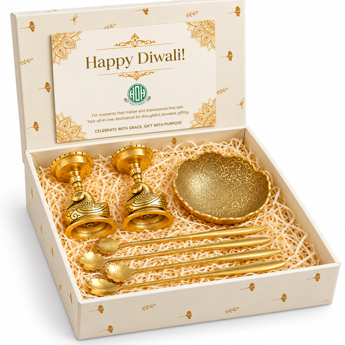 Diwali Gift Set – Golden Swan Candle Holders & Ornate Brass Bowl with Floral Spoons