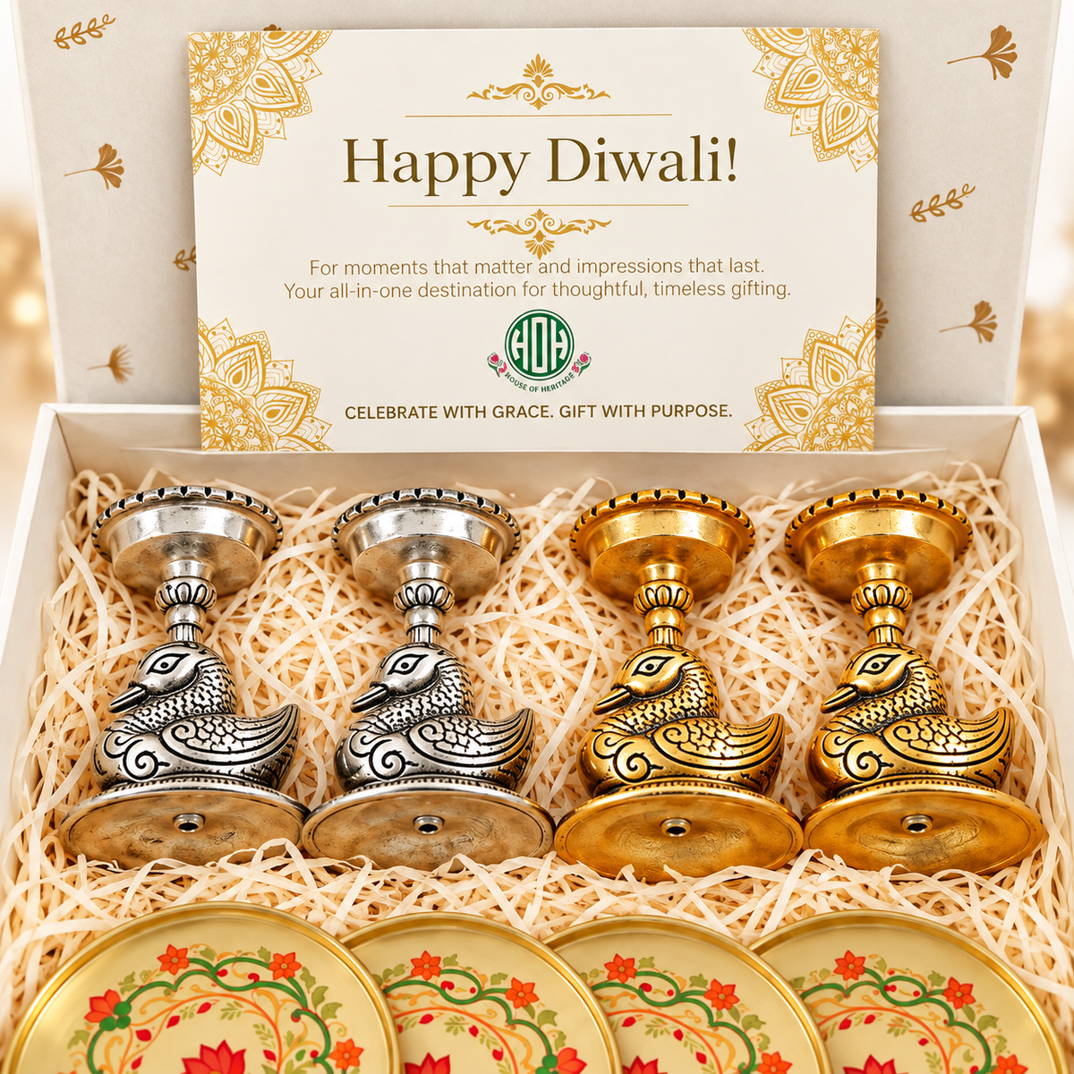 Diwali Gift Set – Swan Tealight Holders & Floral Coasters