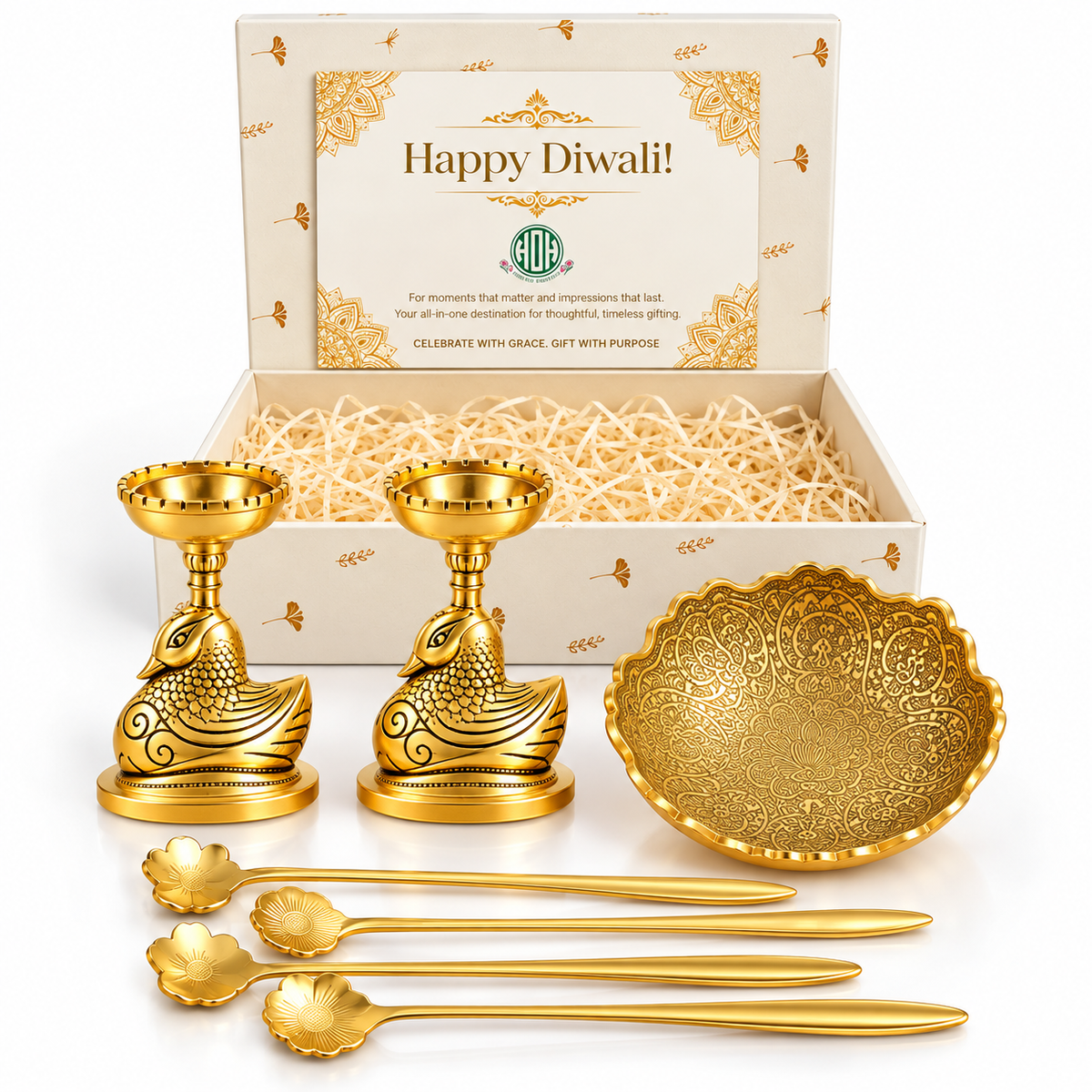 Diwali Gift Set – Golden Swan Candle Holders & Ornate Brass Bowl with Floral Spoons