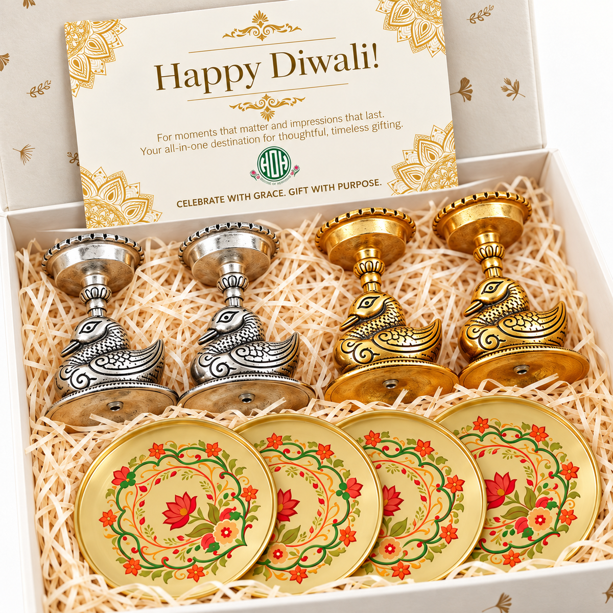 Diwali Gift Set – Swan Tealight Holders & Floral Coasters
