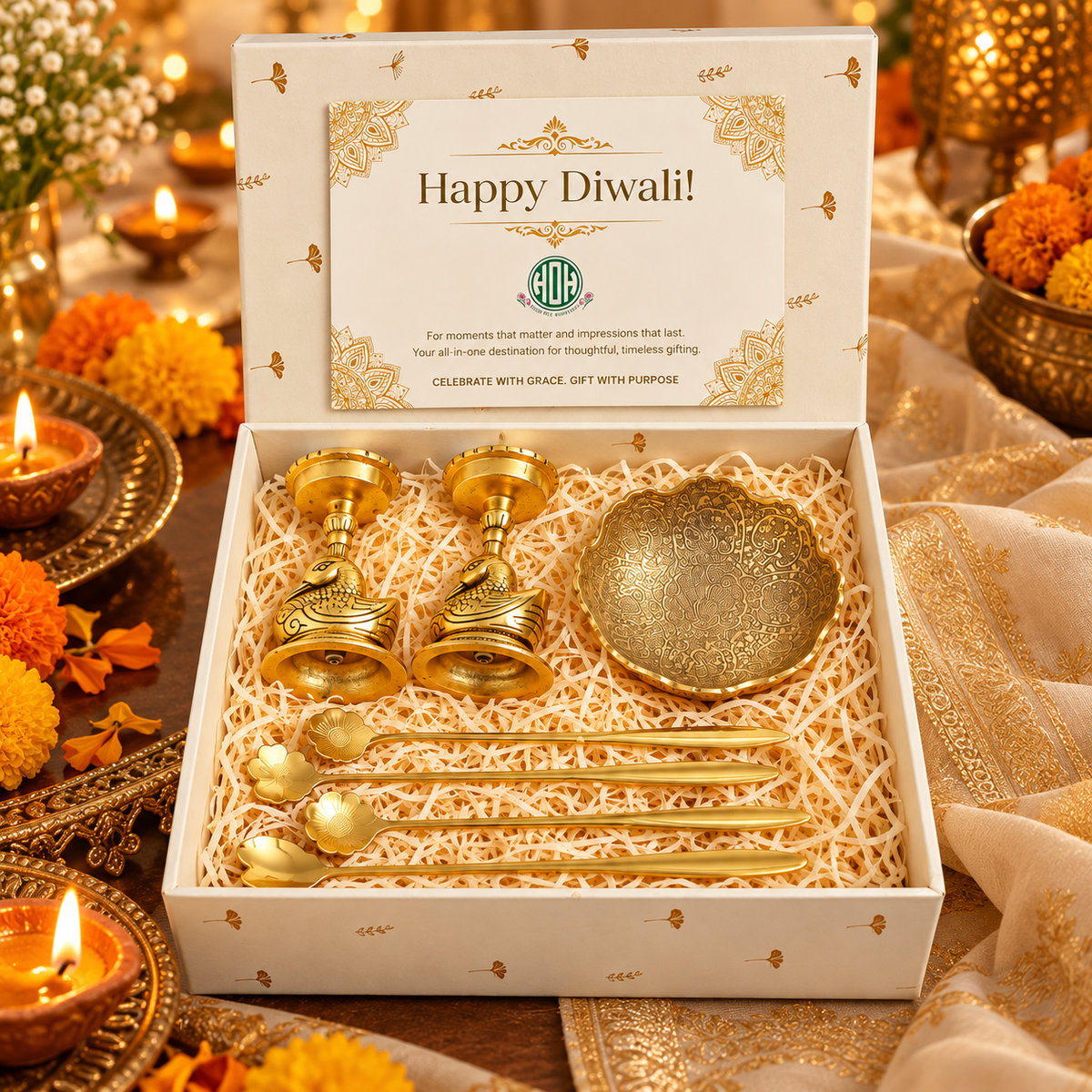 Diwali Gift Set – Golden Swan Candle Holders & Ornate Brass Bowl with Floral Spoons