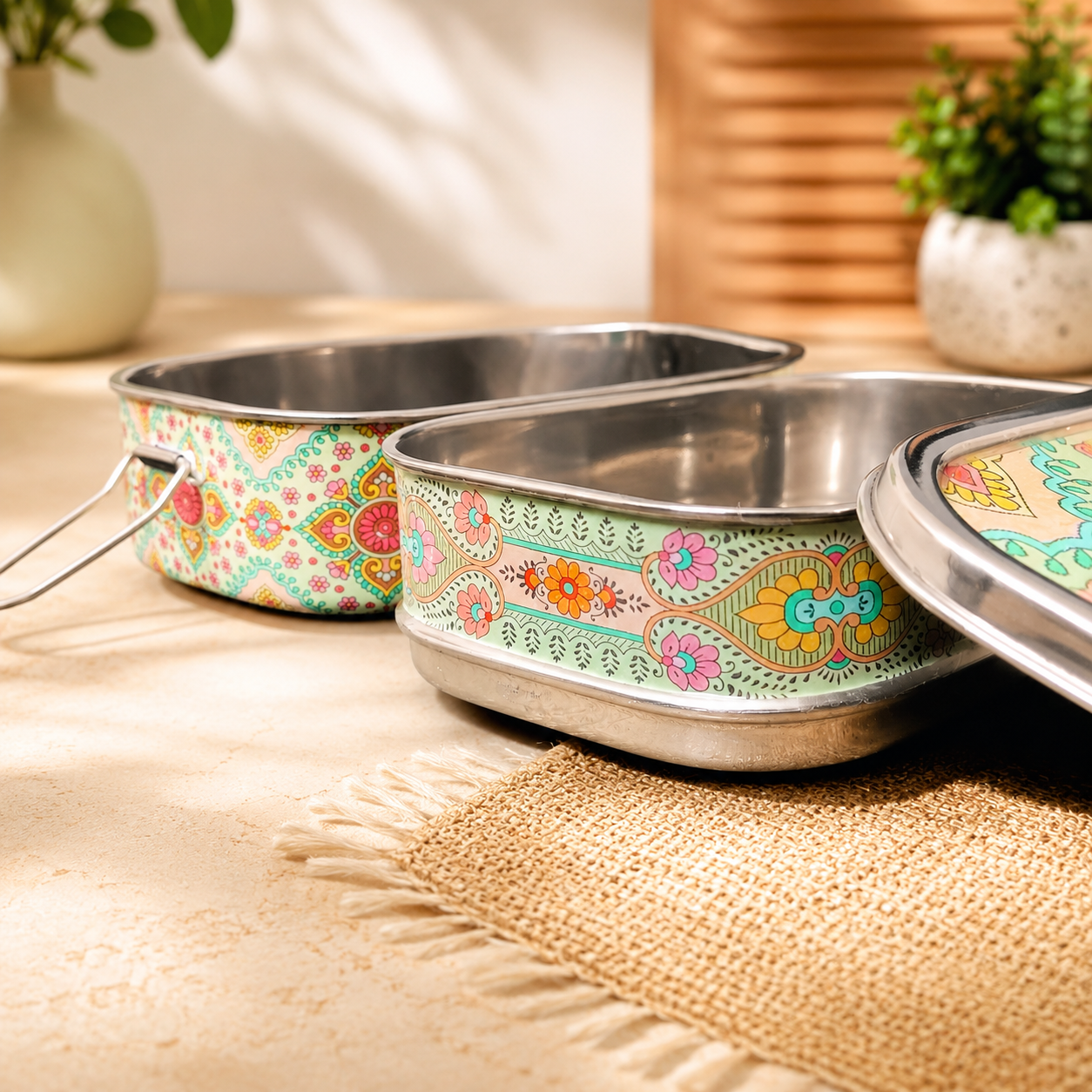 Eco-Friendly Ethnic Meenakari 2-Tier Steel Tiffin