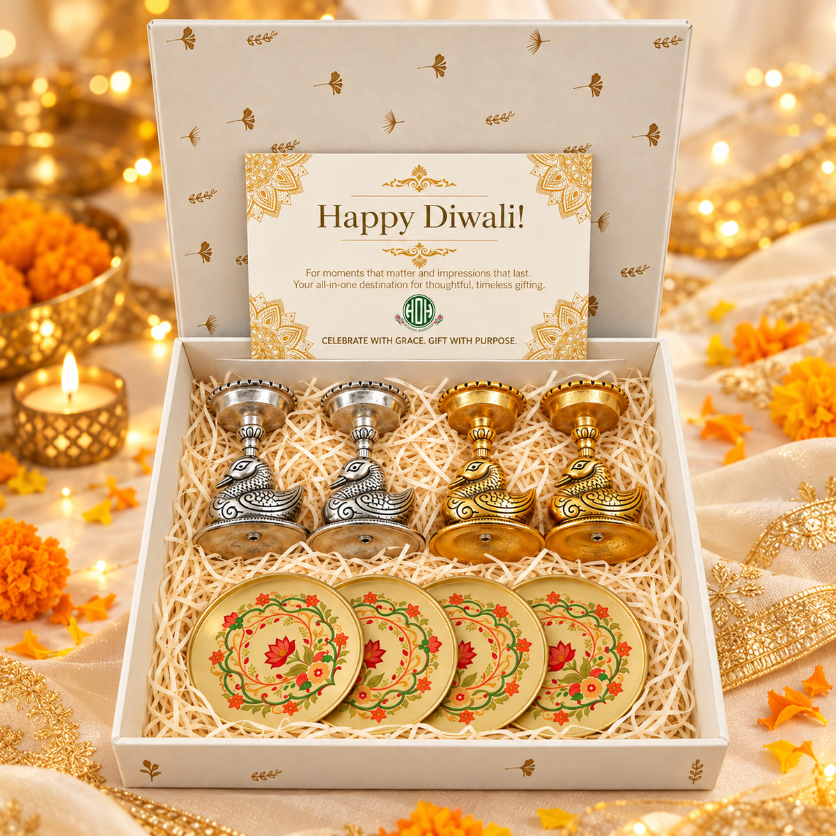 Diwali Gift Set – Swan Tealight Holders & Floral Coasters