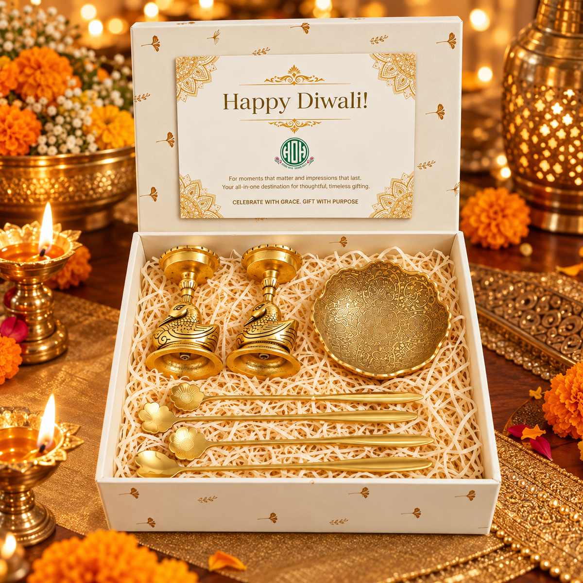 Diwali Gift Set – Golden Swan Candle Holders & Ornate Brass Bowl with Floral Spoons