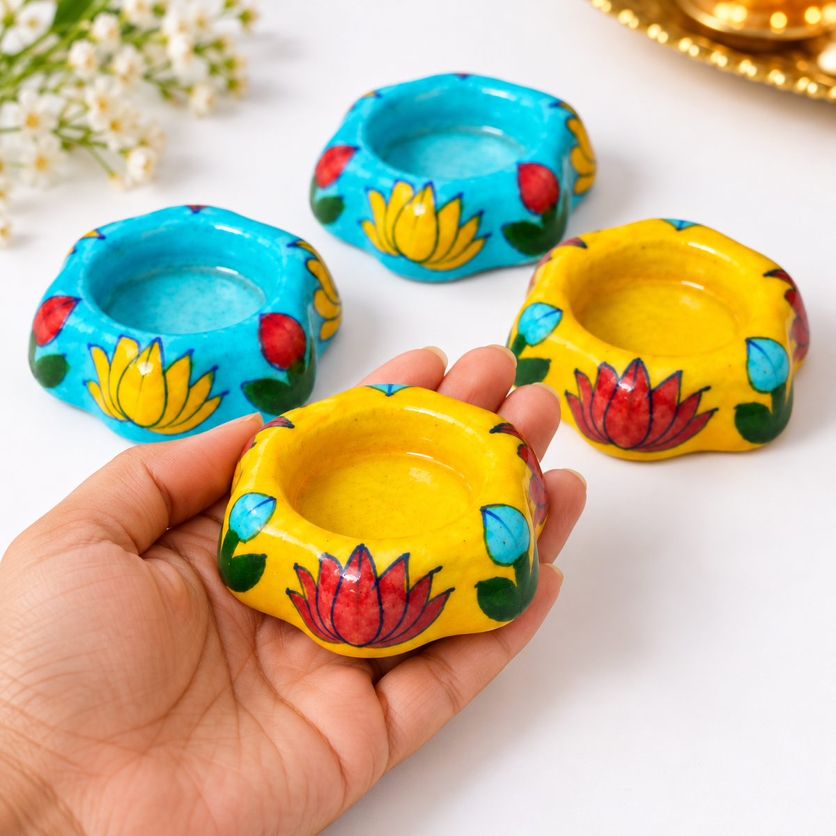 Ceramic Lotus Diya Candle Holder Set of 4