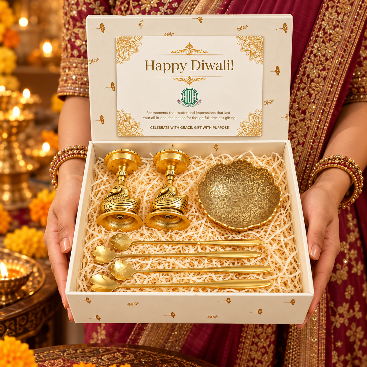 Diwali Gift Set – Golden Swan Candle Holders & Ornate Brass Bowl with Floral Spoons