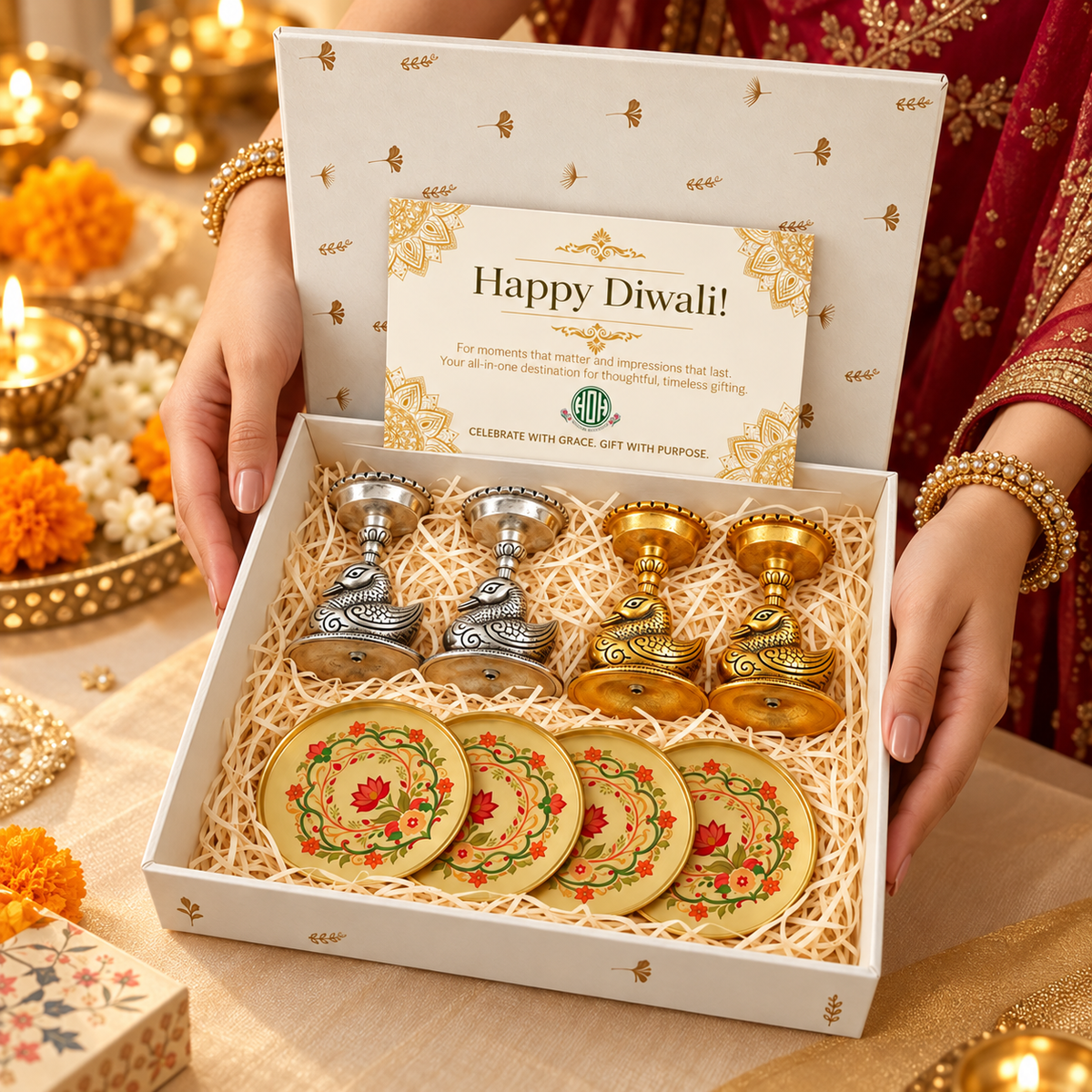 Diwali Gift Set – Swan Tealight Holders & Floral Coasters