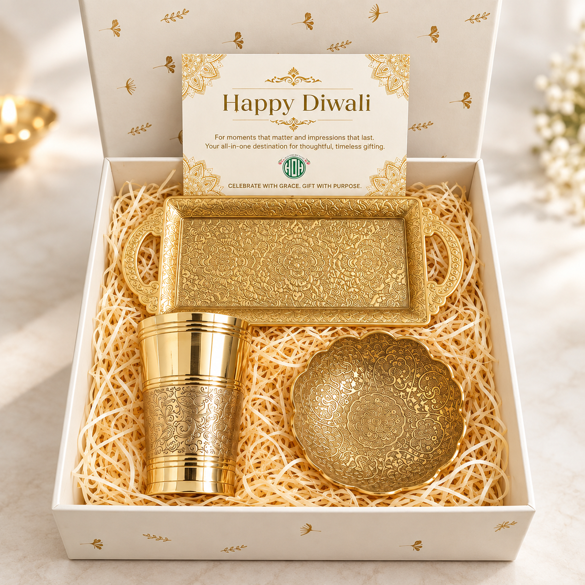 Premium Diwali Gift Hamper – Traditional Brass Tableware Set