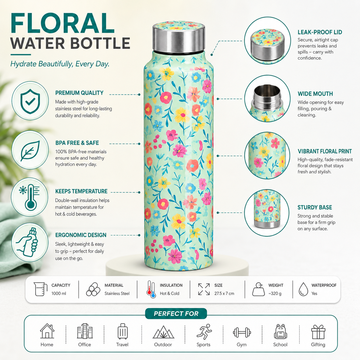 Traditional Design Handcrafted Eco-Friendly Meenakari Steel Bottle(1L)