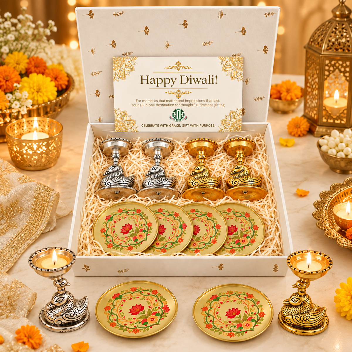 Diwali Gift Set – Swan Tealight Holders & Floral Coasters