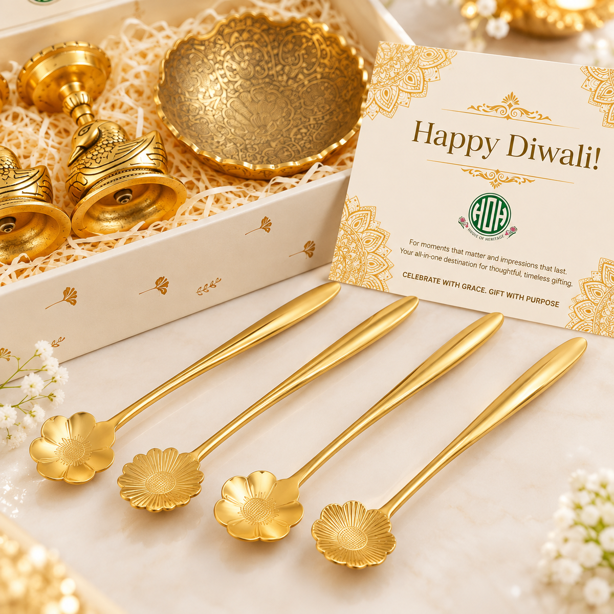 Diwali Gift Set – Golden Swan Candle Holders & Ornate Brass Bowl with Floral Spoons