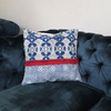 Handcrafted Blue Boho Embroidered Cushion Cover with Red Fringe