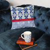 Handcrafted Blue Boho Embroidered Cushion Cover with Red Fringe