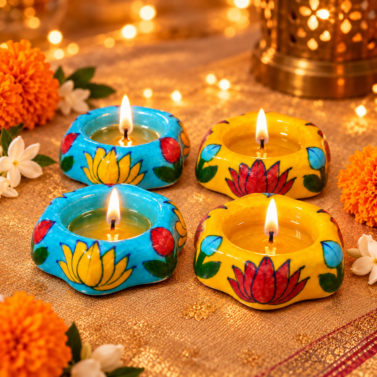 Ceramic Lotus Diya Candle Holder Set of 4