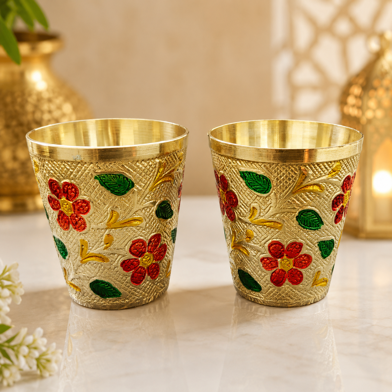 Brass Floral Puja Glasses - Set of 2