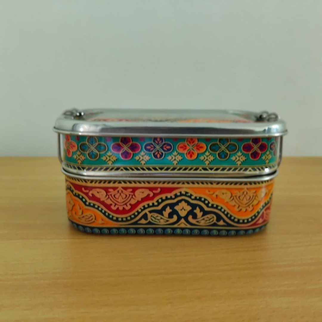 Premium Rakhi Gift Box-Madhubani Bottle+ Multicolour Floral 2tier Lunchbox
