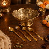 Golden Dessert Spoons with Handcrafted Brass Decorative Bowls Combo